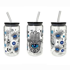 Hamsa Hand Evil Eye Glass Tumbler Cup 16oz Black Blue Design